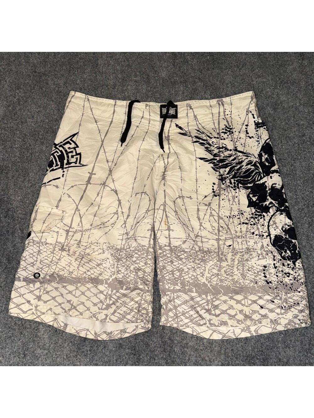 MMA Elite White Skull Surf Board Shorts Mens XL Vtg y2k 90s Rare